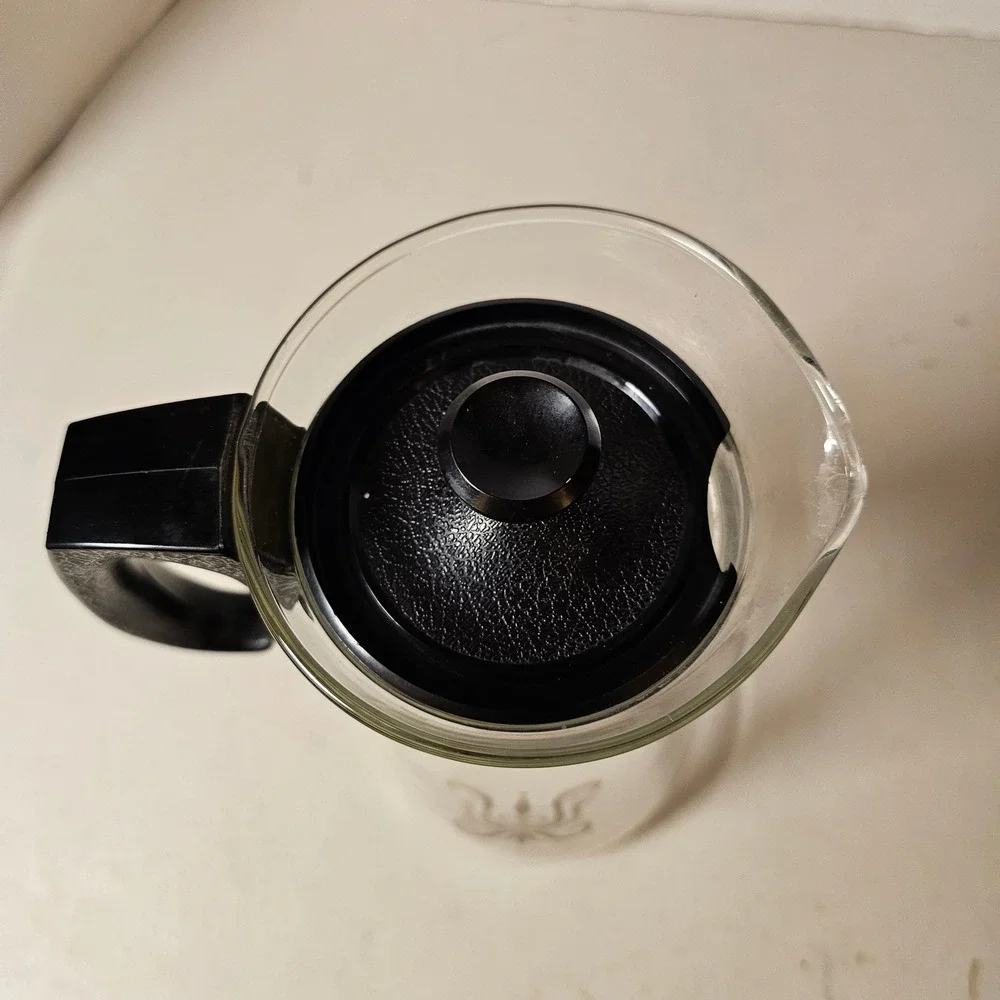 Vintage Pyrex 8 Cup Glass Carafe Coffee Server Black Scroll Medallion MCM USA
